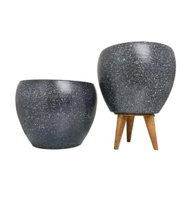 Bitki Tasarımı Gri Granit Toprak Saksı Saksılık Salon Çiçeklik İkili Set Ayaksız - 3 Ayaklı- 15 CM