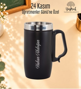 Öğretmenler Günü Hediyesi Kişiye Özel Harf Ve İsim Basklı Kulplu Çelik Siyah Termos Bardak 280 ml