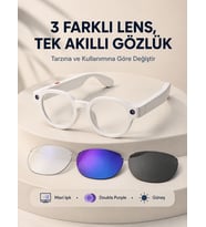 Beyaz Akıllı Kamera Gözlüğü Fotoğraf Video Çekimli Yapay Zeka Destekli Bluetooth Çoklu Dil Çeviri 3 Lensli
