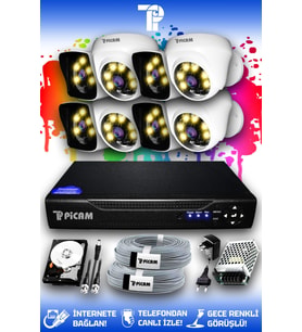 PICAM 8 Kameralı Kare 4 İç Kamera Set 320 GB HDD Full HD Renkli Gece Görüşlü Güvenlik Kamerası Sistemi