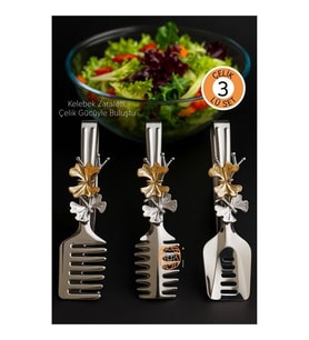Kelebek Figürlü 3’lü Paslanmaz Çelik Servis Maşası Seti - Salata, Pasta ve Izgara Maşası