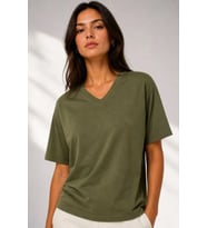 V Yaka Basic Tişört Kısa Kol Yazlık Regular Fit T-Shirt - Haki