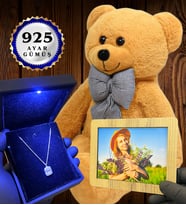 Kişiye Özel Premium Set Büyük Boy Kahve Peluş Ayıcık ve Gerçek 925 Ayar Gümüş Kolye (Model 6)