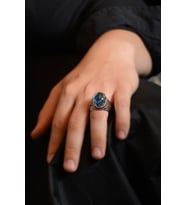 Blue Topaz Aqua Marin Taşlı Yanı Işlemeli 925 Ayar Gümüş Erkek Yüzük