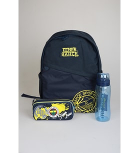 DEKOMUS İLE YENİ SEZON LİSANSLI FENERBAHÇE BÜYÜK BOY LİSE OKUL ÇANTASI,KALEM ÇANTASI VE 700 ML MATARA SETİ (Krem)