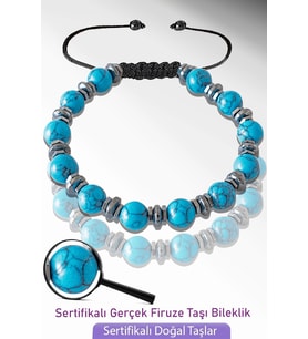 Sertifikalı Hematitli Gerçek Firuze Taşı Bileklik - Ayarlamalı (Turkuaz Taşı)