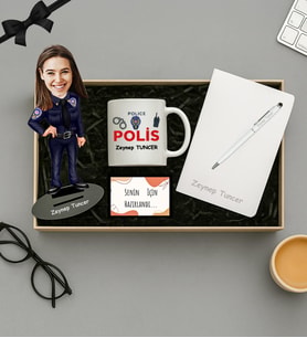 Kişiye Özel Fotoğraflı Polis Tasarımlı Biblo,Beyaz Kupa,Defter Ve Kalem Hediye Seti (STD)