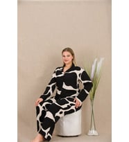 Amora Secret Büyük Beden Siyah Beyaz Desenli Düğmeli Uzun Kol Viskon Pijama Takımı