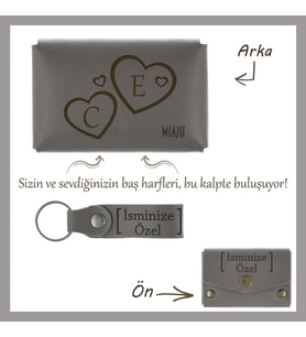 Kül Gri, Aşkınızın Baş Harflerini Kalplerin İçine İşleyin! İsme Özel Cüzdan & Anahtarlık Set, Hediye
