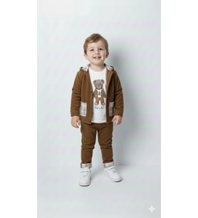 Erkek Çocuk %100 Pamuk Kadife Hırka, Pantolon ve Ayıcık Baskılı Uzun Kollu Sweatli 3'lü Premium Seri