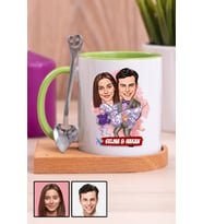 Eşe Romantik Hediye Karikatürlü Ahşap Altlıklı Yeşil Kupa Bardak