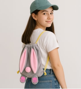 Peluş Tavşan Detaylı Çocuk Sırt Çantası Kulak ve Patili Model (Gri - Pembe)