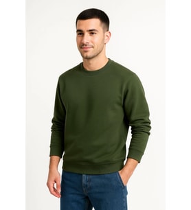 Erkek Üç İplik Düz Bisiklet Yaka SweatShirt - Haki