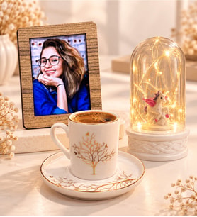 Kişiye Özel Fotoğraflı Hayat Ağacı Desenli Porselen Kahve Fincanı ve LED Unicornlu Fanus