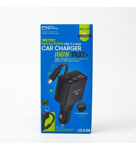 ACC-07 60W Real Fast Geri Çekilebilir USB-C Kablolu Dijital Göstergeli QC 3.0 PD Araç İçi Hızlı Şarj Cihazı