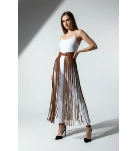 pilelistore Kahverengi Etek Kalın Kemerli Uzun İp Detaylı Etek - Brf1003 (Taba)