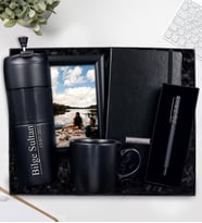 Kişiye Özel 450 ML French Press Termos & Siyah Defter & Siyah Çerçeve & Mat Roller Kalem & Siyah Kupa Hediye Seti