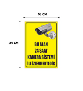 Dikkat Bu Alan Kamera ile 24 Saat Kamera ile izlenmektedir 16x24 Cm Boyut Folyo Baskı Sticker, Kamera Uyarı Levhası