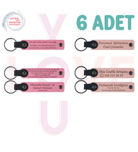 Pembe & Yavru Ağzı, 6’lı Set, İsim Yazılabilen Deri Anahtarlık, Aile Tatillerine Anlamlı Hediye