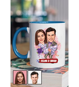 Eşe Romantik Hediye Karikatürlü Mavi Kupa Bardak
