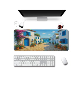 SonicTouch UltraGrand Mavi Beyaz Bodrum Evleri Dikişsiz Xxl Gaming Oyuncu Klavye Mouse Pad 40x90Cm