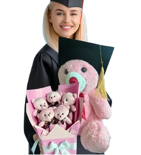 Mezuniyet Hediyesi Kepli Mezun Peluş Ayıcık & Pembe Ayıcık Buketi Seti Çocuğa Kıza Sevgiliye Hediye (Pembe)