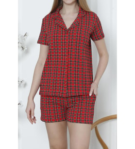 Kadın Düğmeli Şortlu Pijama Takımı Ekoseli Pamuklu Likralı Cepli KIRMIZI