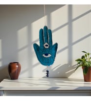 Nazar Hamsa El Duvar Süsü - Kadife dokulu - Hediyelik Kutusunda (Beyaz-Turkuaz)
