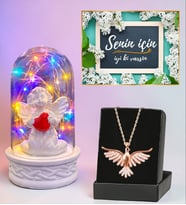 Renkli Led Işıklı Fanus ve Zümrüdü Anka Kuşu Kolye Hediye Seti (Model 2)