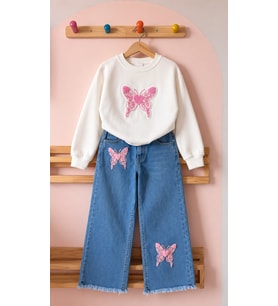 Kız Çocuk Pembe Kelebek İşlemeli Sweatshirt ve Bol Paça Kot Pantolon 2’li Takım - 5/12 Yaş - 31969