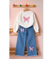 Kız Çocuk Pembe Kelebek İşlemeli Sweatshirt ve Bol Paça Kot Pantolon 2’li Takım - 5/12 Yaş - 31969