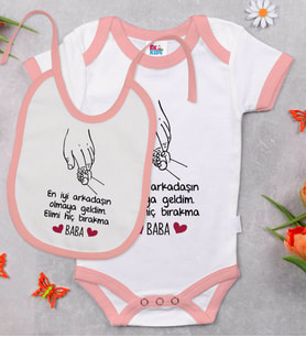 BK Kids Baba Tasarımlı Pembe Bebek Body Zıbın ve Mama Önlüğü Hediye Seti-1