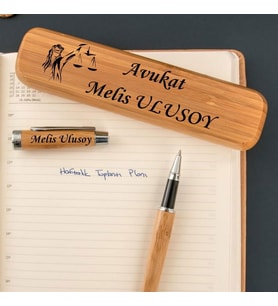 Avukatlara Özel İsim Yazılı Bambu Kutulu Kalem Seti