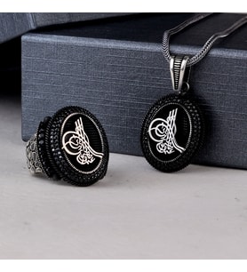 925 Ayar Gümüş Mikro Taşlı Tuğra Model Kolye Yüzük Kombini