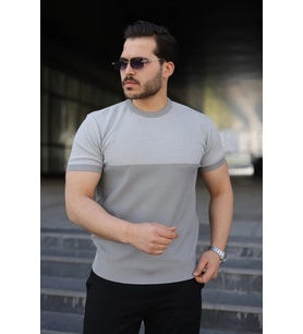 Erkek Renk Bloklu Bisiklet Yaka Kısa Kollu Triko Tişört