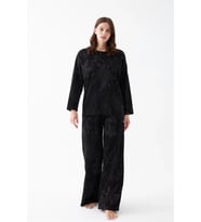 Kadın Oversize Siyah Çiçek Desenli Pamuklu Kalın Pijama Takımı