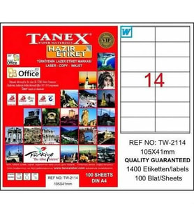 Tanex TW-2114 - 105 x 41 mm Laser Etiket 100 Adet Ücretsiz Kargo
