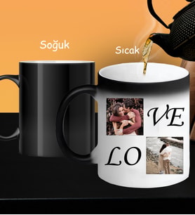 Kişiye Özel 2 Fotoğraflı Love Tasarım Kolaj Tasarımlı Sihirli Kupa Bardak