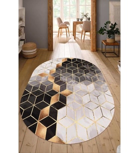Dijital Baskılı Kaymaz Taban Yıkanabilir Oval Salon Halısı Mutfak Halısı Yolluk NDO-HT-322 (Gold)