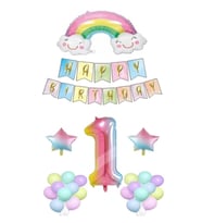 Gökkuşağı Konsepti 1 Yaş Doğum Günü Parti Kutlama Seti; Rakam Ve Yıldız Folyo, Banner Ve Makaron