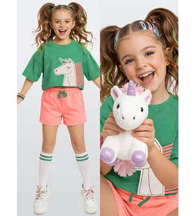 Kız Çocuk Takım Unicorn Havlu Kumaş Crop Top Üst Ve Şort Takım Yazlık 4-10 Yaş (Pembe)