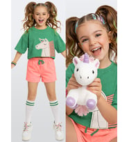 Kız Çocuk Takım Unicorn Havlu Kumaş Crop Top Üst Ve Şort Takım Yazlık 4-10 Yaş (Pembe)