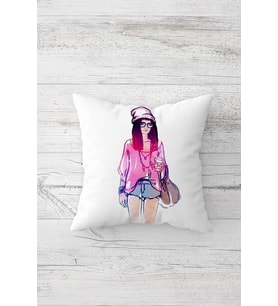 Kız Karakter Çift Tarafı Baskılı Gizli Fermuarlı Yastık Kılıfı Kırlent Koltuk Yastık Kılıfı (Beyaz-Pembe)
