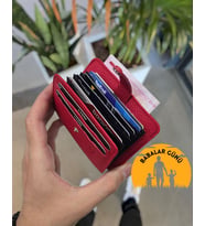 VİSSO 8600 Hakiki Deri Çıtçıtlı Akordeon Kartlık Kimlik Ve Kağıt Para Bölmeli Kişiye İsme Özel Bay Bayan Kartlık Çanta Yeni Özgün Model (Kırmızı)