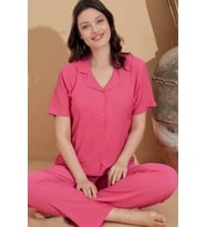 Lukitus Gömlek Yaka Bürümcük Kısa Kol Pijama Takımı (Pembe)
