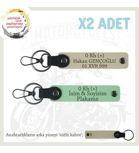 Çok Sevdiğine Özel İsim Plaka ve 0 Rh + Kan Grubu Yazılı Kişisel x2 Anahtarlık Set, Yeşil-S Kahve-SK (Çok Renkli)
