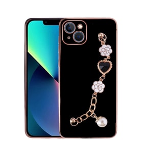 Apple iPhone 14 Plus Kılıf El Askılı Tutamaçlı Kamera Korumalı Renkli Gold Kenar Silikon Kapak (Siyah)