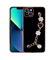 Apple iPhone 14 Plus Kılıf El Askılı Tutamaçlı Kamera Korumalı Renkli Gold Kenar Silikon Kapak (Siyah)