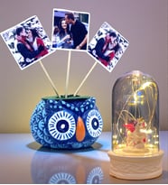 Kişiye Özel Hediye Seti 3 Fotoğraflı Mavi Baykuş Saksı ve Led Işıklı Fanus Seti (Model 2)