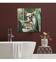 Tekli Kare Kanvas Banyo Tablosu Gazete Okuyan Beyaz Chihuahua Köpek